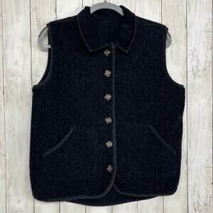 Unisex Black Button Fleece Vest Vintage Style Casual Outerwear Size Medium Large